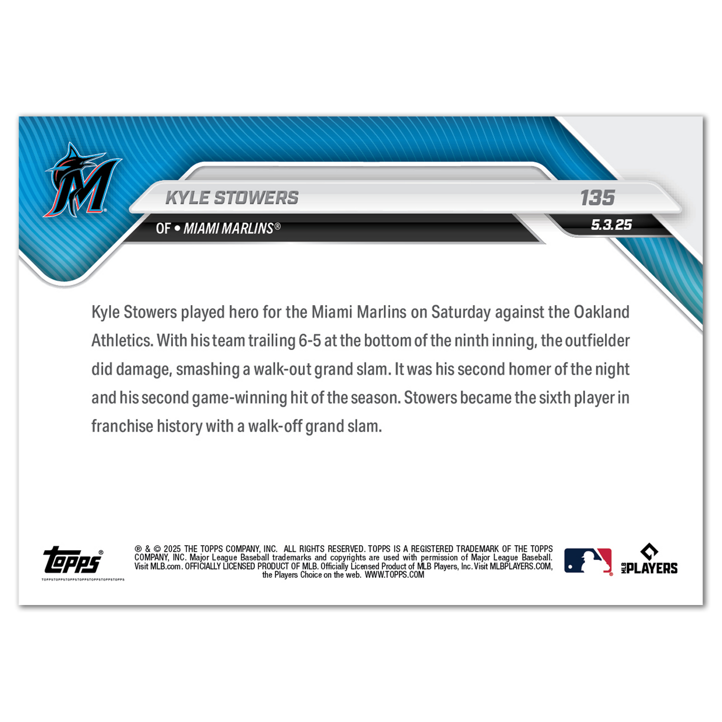 Kyle Stowers - 2025 MLB Topps NOW® - Card 135 - PR: 295