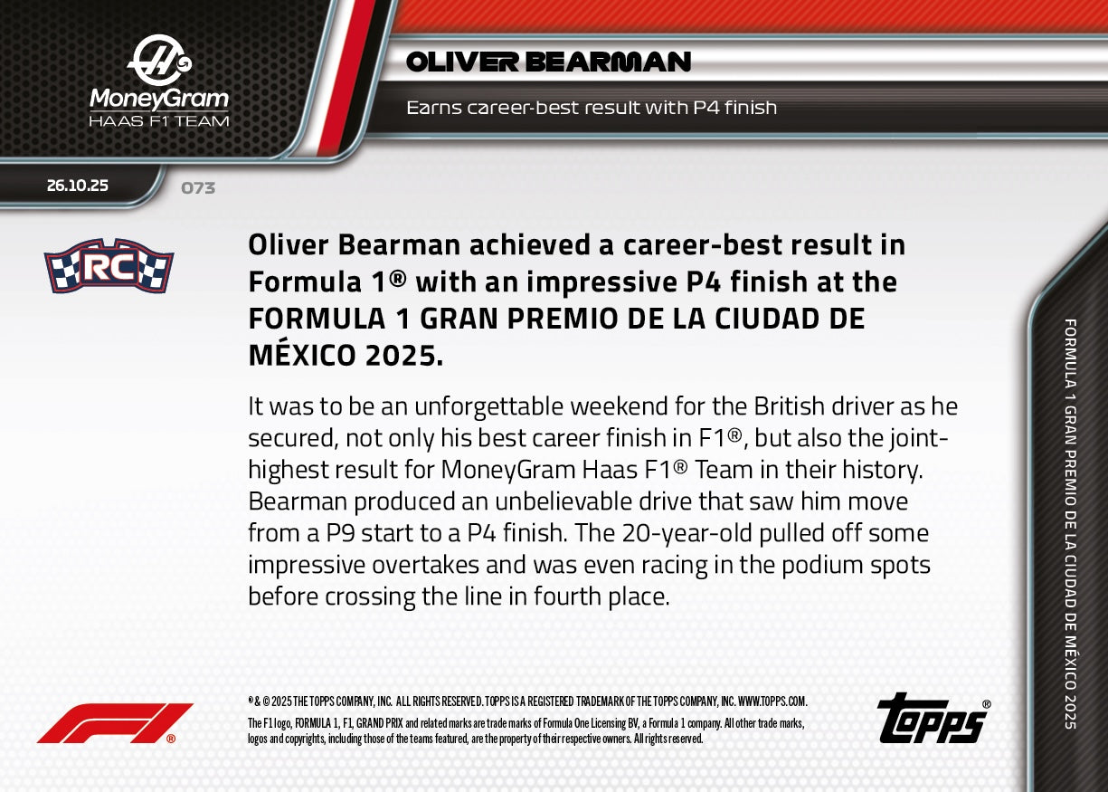 Oliver Bearman - 2025 Formula 1® Topps NOW® - Card 73 - PR: 2305