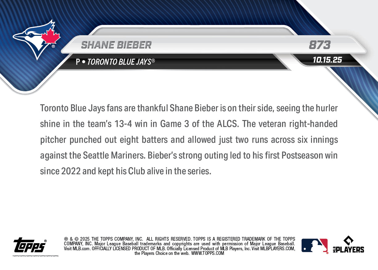 Shane Bieber - 2025 MLB Topps NOW® - Card 873 - PR: 682