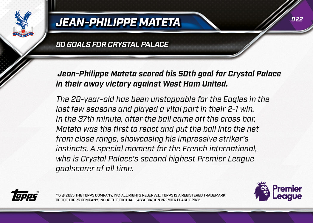 Jean-Philippe Mateta - 2025-26 Premier League Topps NOW® - Card 22 - PR: 211