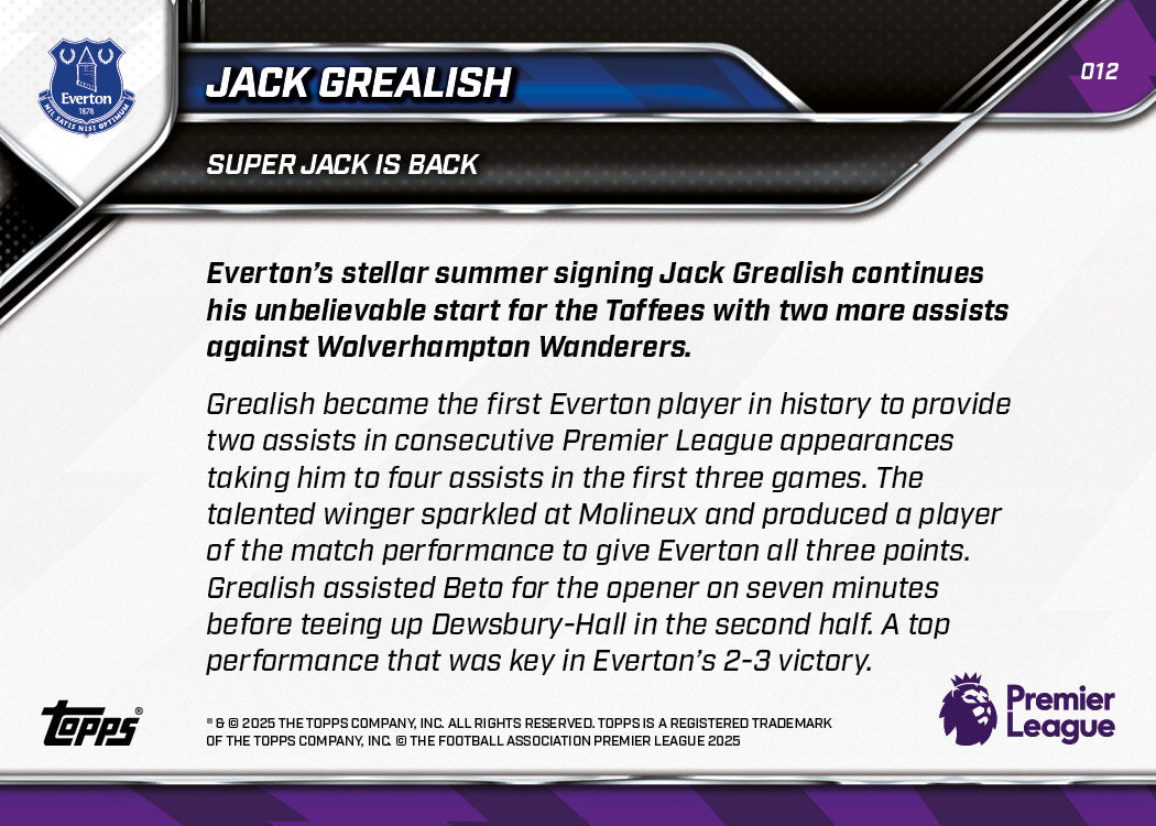 Jack Grealish - 2025-26 Premier League Topps NOW® - Card 12 - PR: 675
