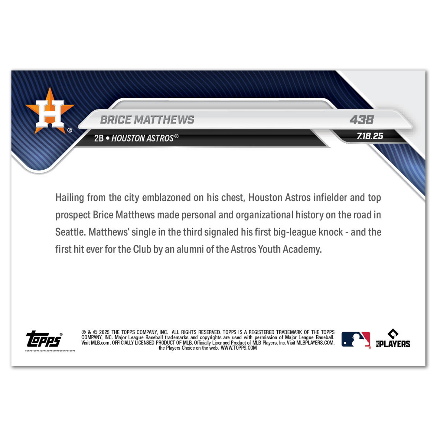 Brice Matthews - 2025 MLB Topps NOW® - Card 438 - PR: 848