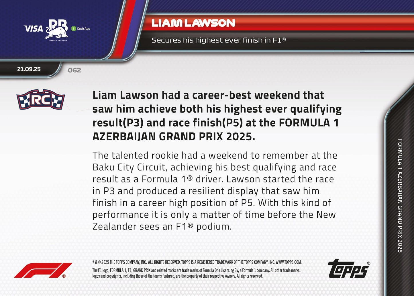 Liam Lawson - 2025 Formula 1® Topps NOW® - Card 65 - PR: 1059