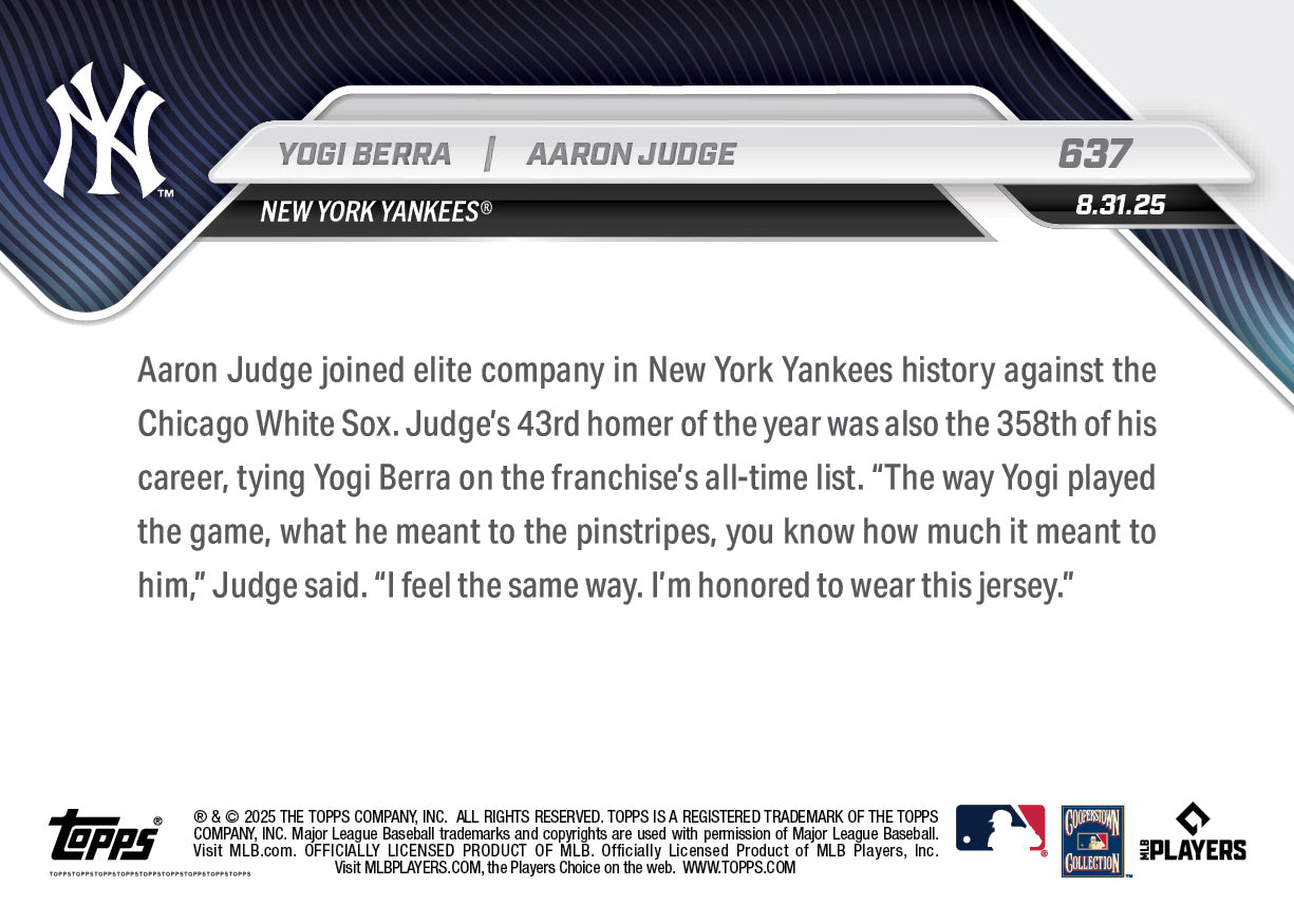 Yogi Berra / Aaron Judge - 2025 MLB Topps NOW® - Card 637 - PR: 2732