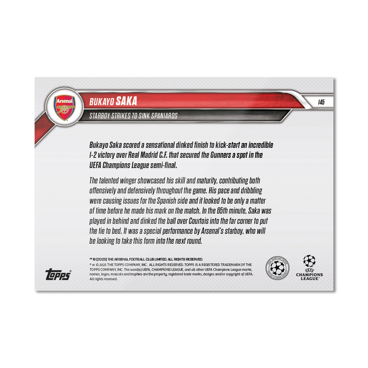 Bukayo Saka - 2024-25 UCL Topps NOW® - Card 145 - PR: 994