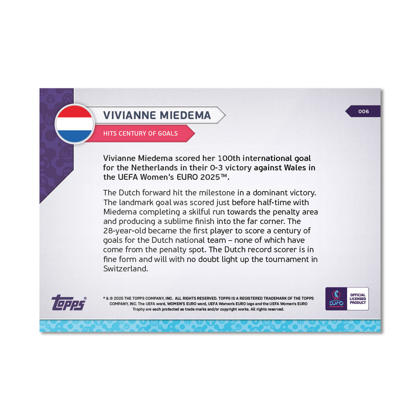 Vivianne Miedema - UEFA Women’s EURO 2025™ Topps NOW® - Card 6 - PR: 444