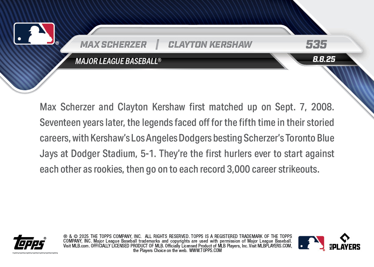 Max Scherzer/Clayton Kershaw - 2025 MLB Topps NOW® - Card 535 - PR: 2553