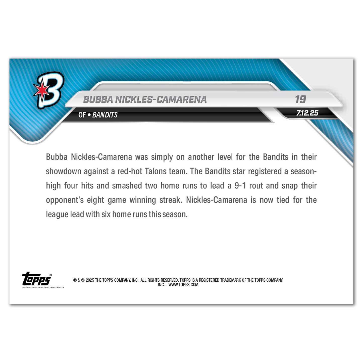 Bubba Nickles-Camarena - 2025 AUSL Topps NOW® - Card 19 - PR: 617