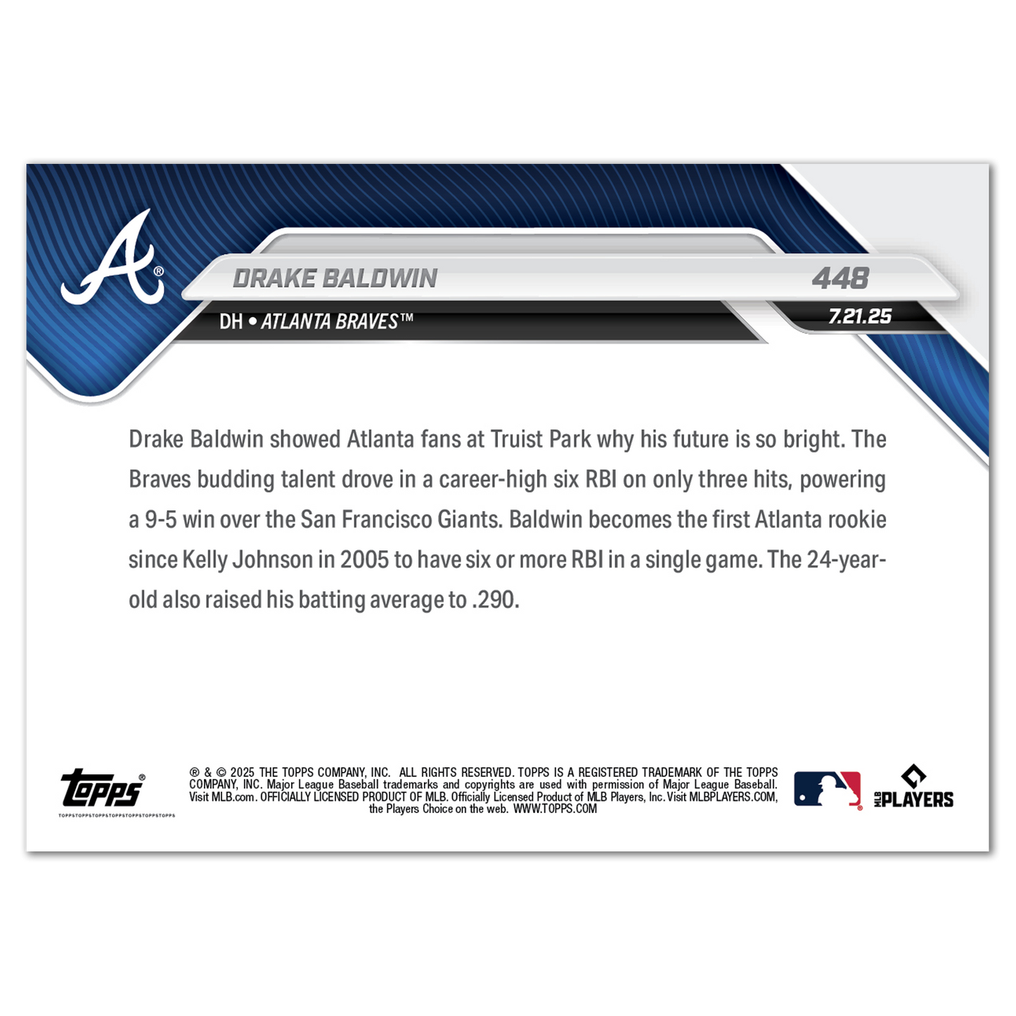 Drake Baldwin - 2025 MLB Topps NOW® - Card 448 - PR: 1069