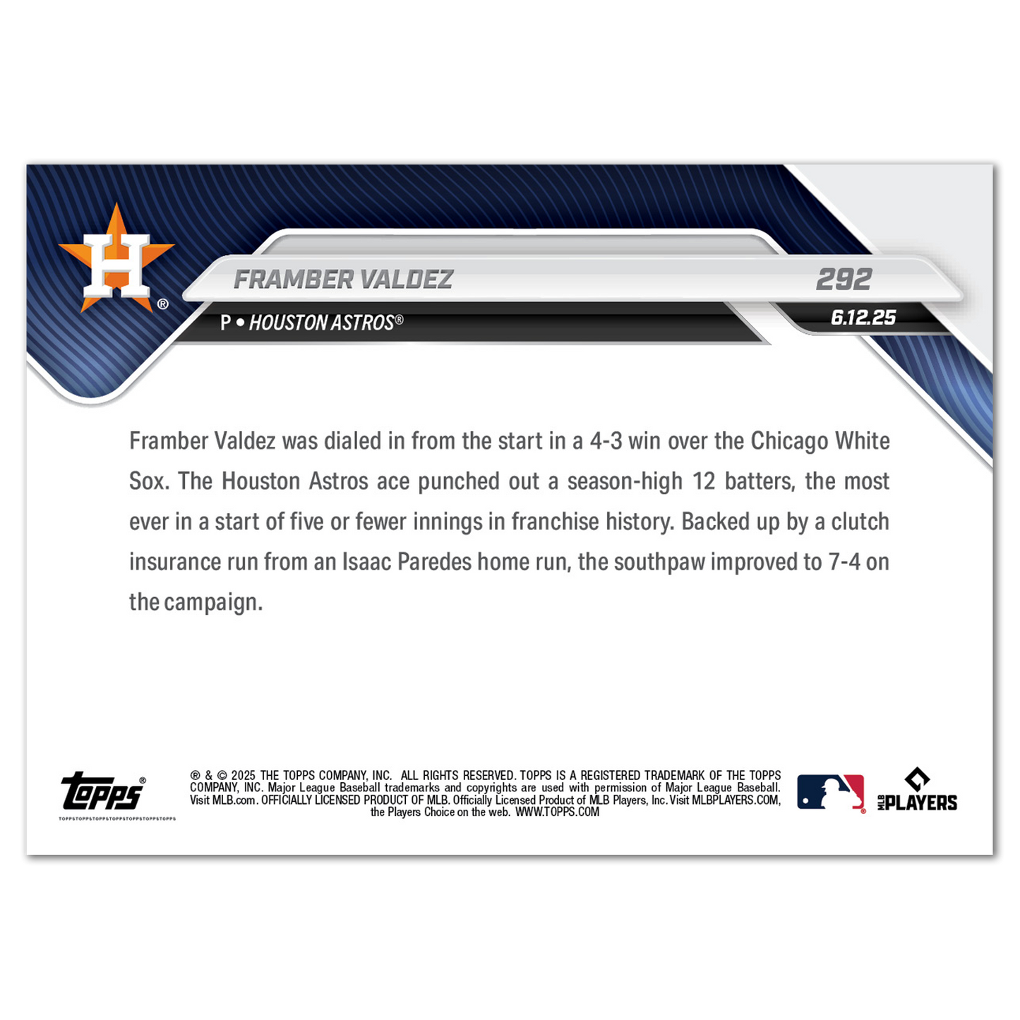 Framber Valdez - 2025 MLB Topps NOW® - Card 292 - PR: 314
