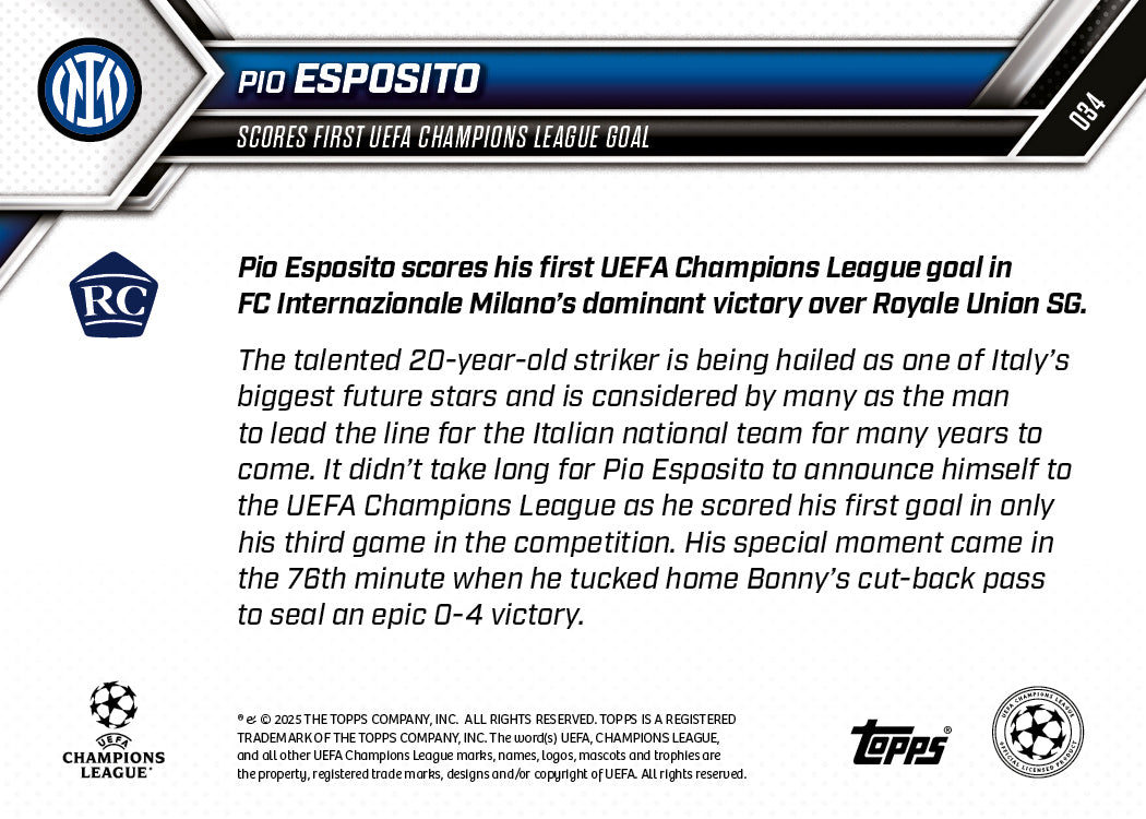 Pio Esposito - 2025-26 UCL Topps NOW® - Card 34 - PR: 958