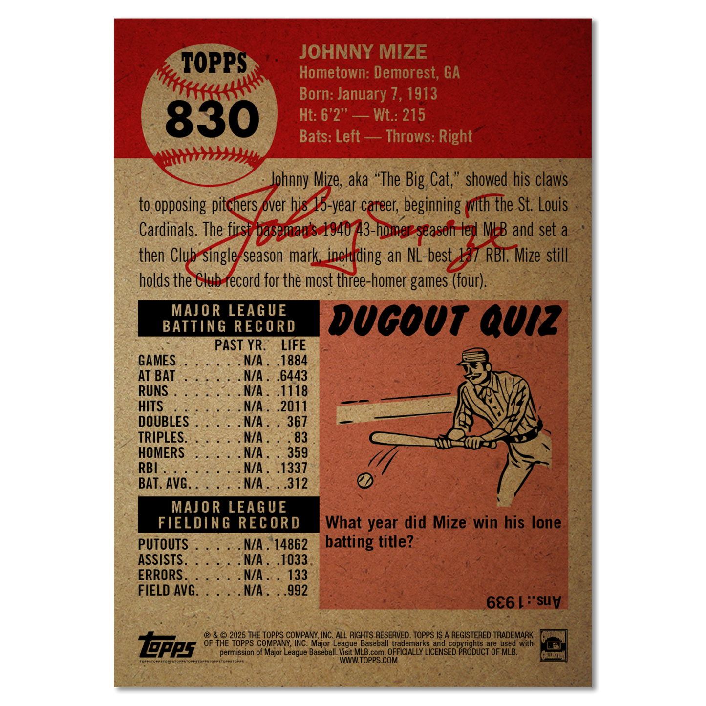 Johnny Mize - MLB Living Set® - Card 830 - PR: 1479