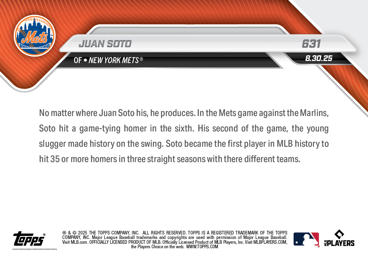 Juan Soto - 2025 MLB Topps NOW® - Card 631 - PR: 694