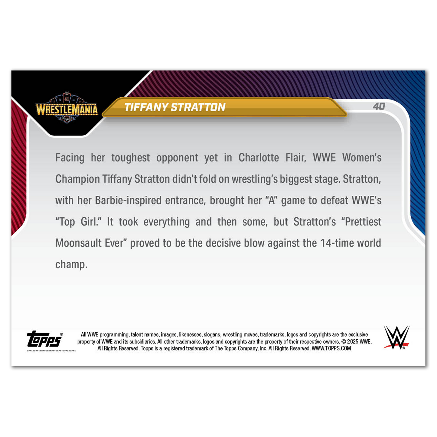 Tiffany Stratton - 2025 WWE Topps NOW® - Card 40 - LOOK FOR RELICS AND AUTO-RELICS - PR: 5584