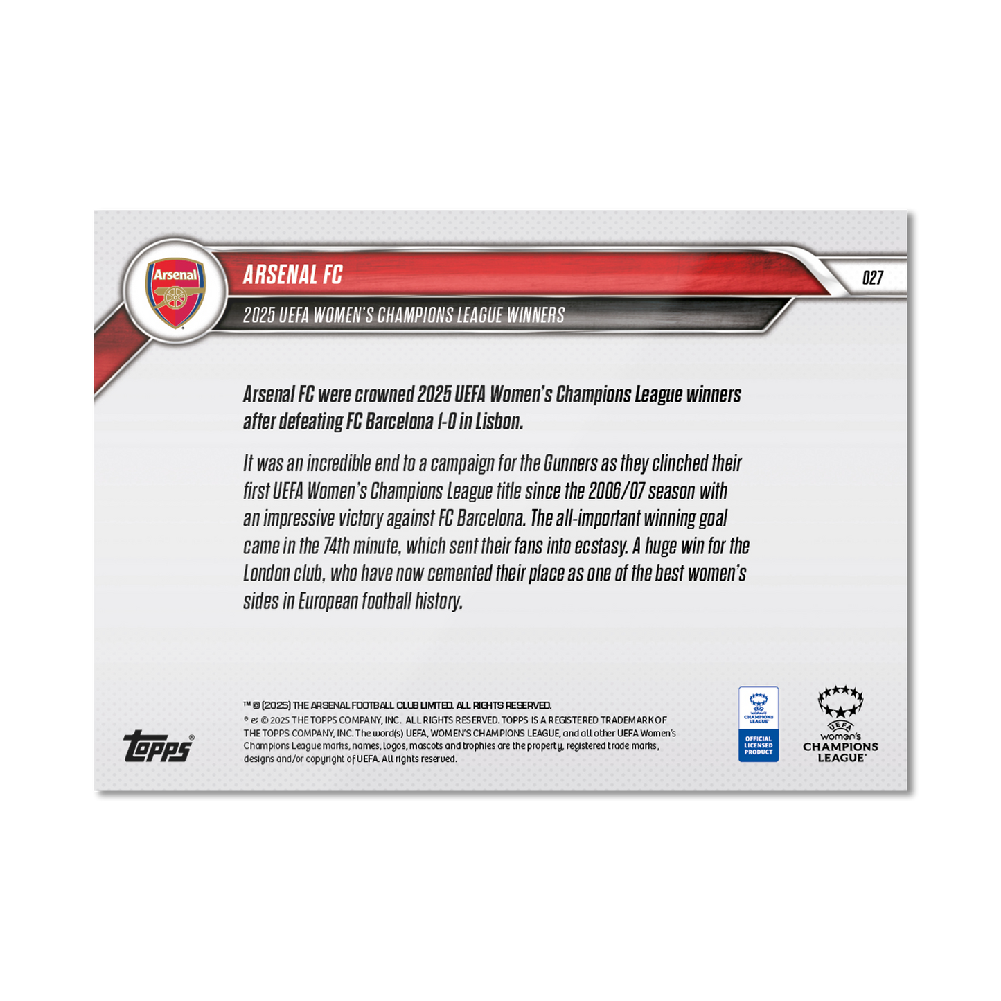 Arsenal FC - 2024-25 UWCL Topps NOW® - Card 27 - PR: 1586