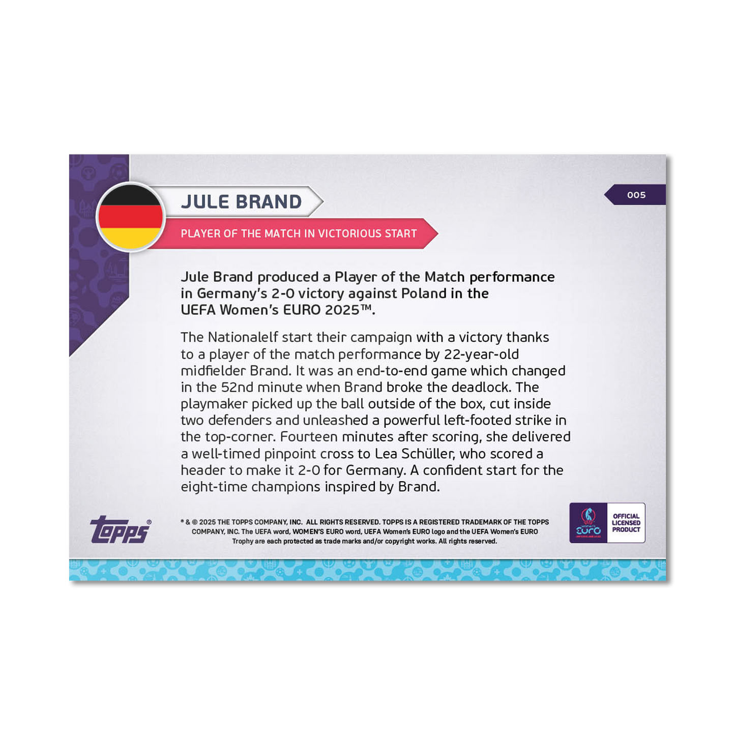 Jule Brand - UEFA Women’s EURO 2025™ Topps NOW® - Card 5 - PR: 278