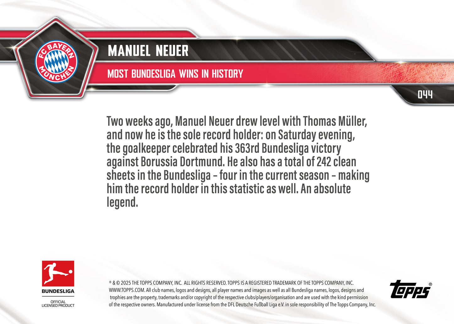 Manuel Neuer - 2025-26 Bundesliga Topps NOW® - Card 44 - PR: 606