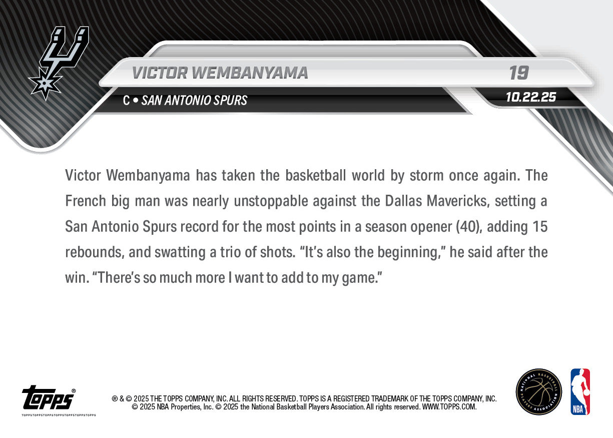 Victor Wembanyama - 2025-26 NBA Topps NOW® - Card 19 - PR: 13527