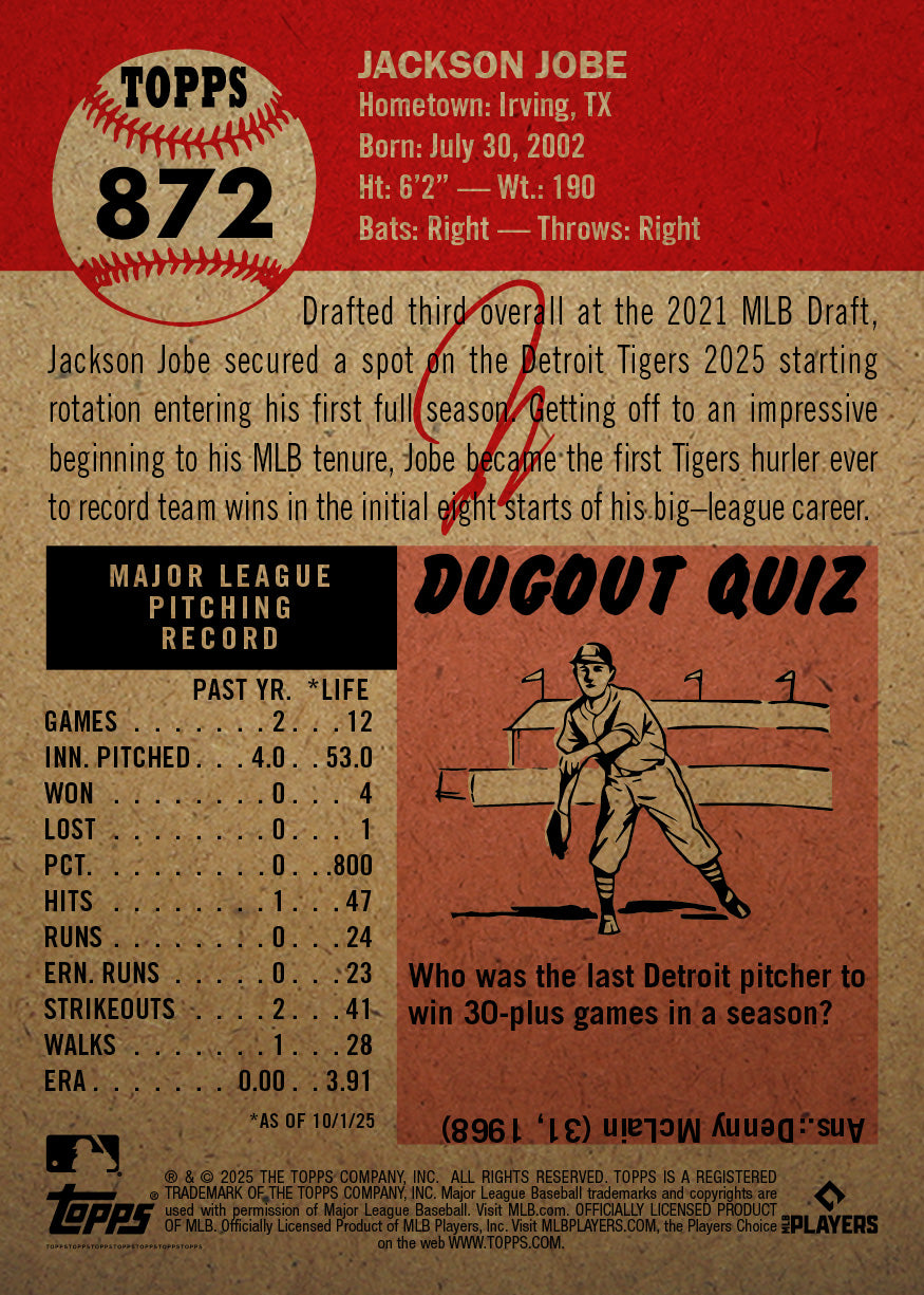 Jackson Jobe - 2025 MLB Living Set® - Card 872 - PR: 1469