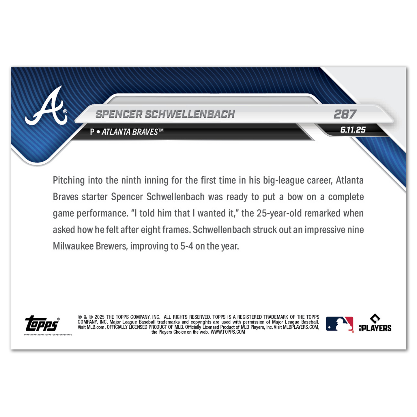 Spencer Schwellenbach - 2025 MLB Topps NOW® - Card 287 - PR: 860