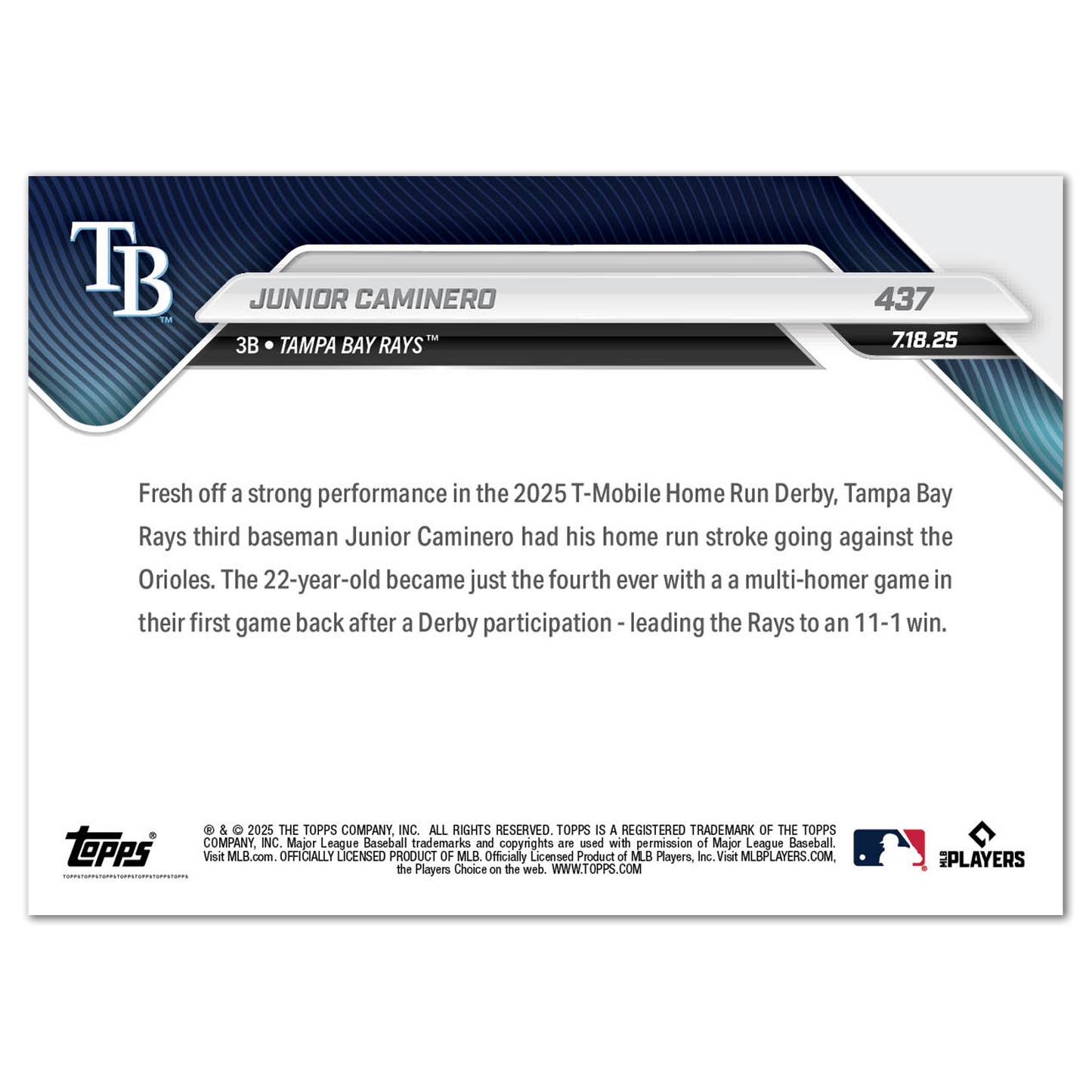 Junior Caminero - 2025 MLB Topps NOW® - Card 437 - PR: 462