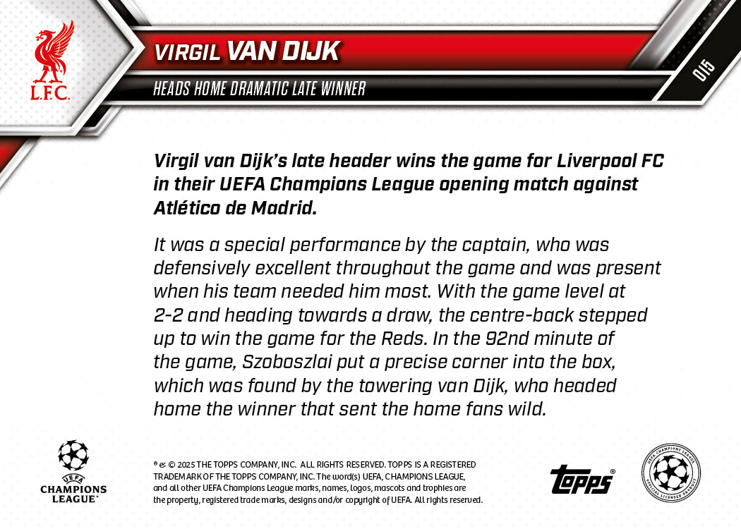 Virgil van Dijk - 2025-26 UCL Topps NOW® - Card 15 - PR: 585