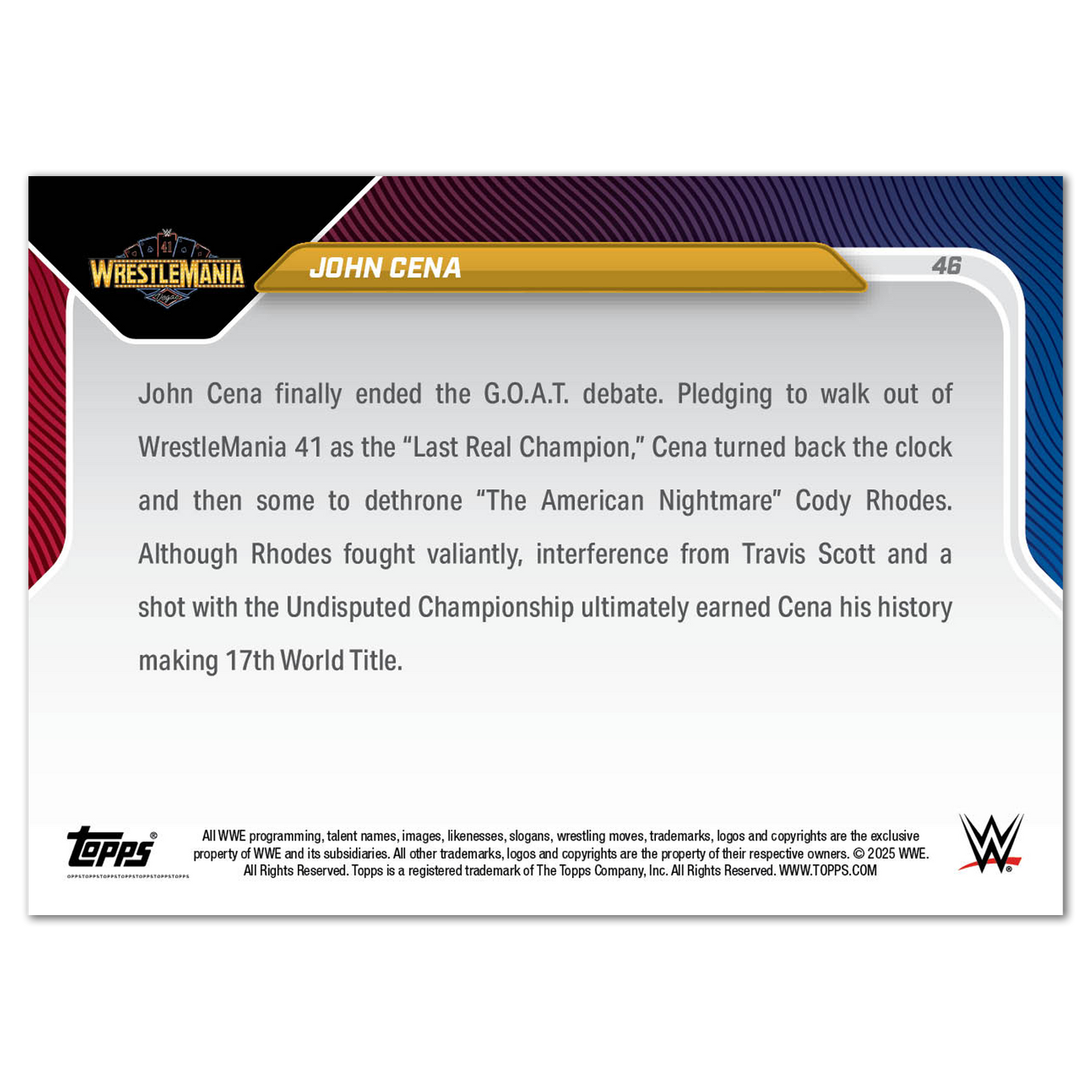 John Cena - 2025 WWE Topps NOW® - Card 46 - LOOK FOR RELICS AND AUTO-RELIC - PR: 20,912
