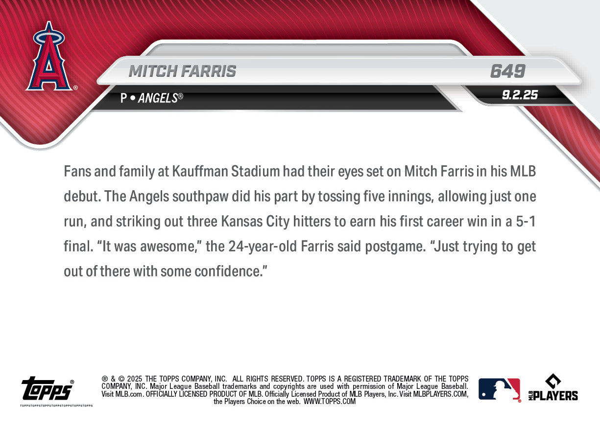 Mitch Farris - 2025 MLB Topps NOW® - Card 649 - PR: 564