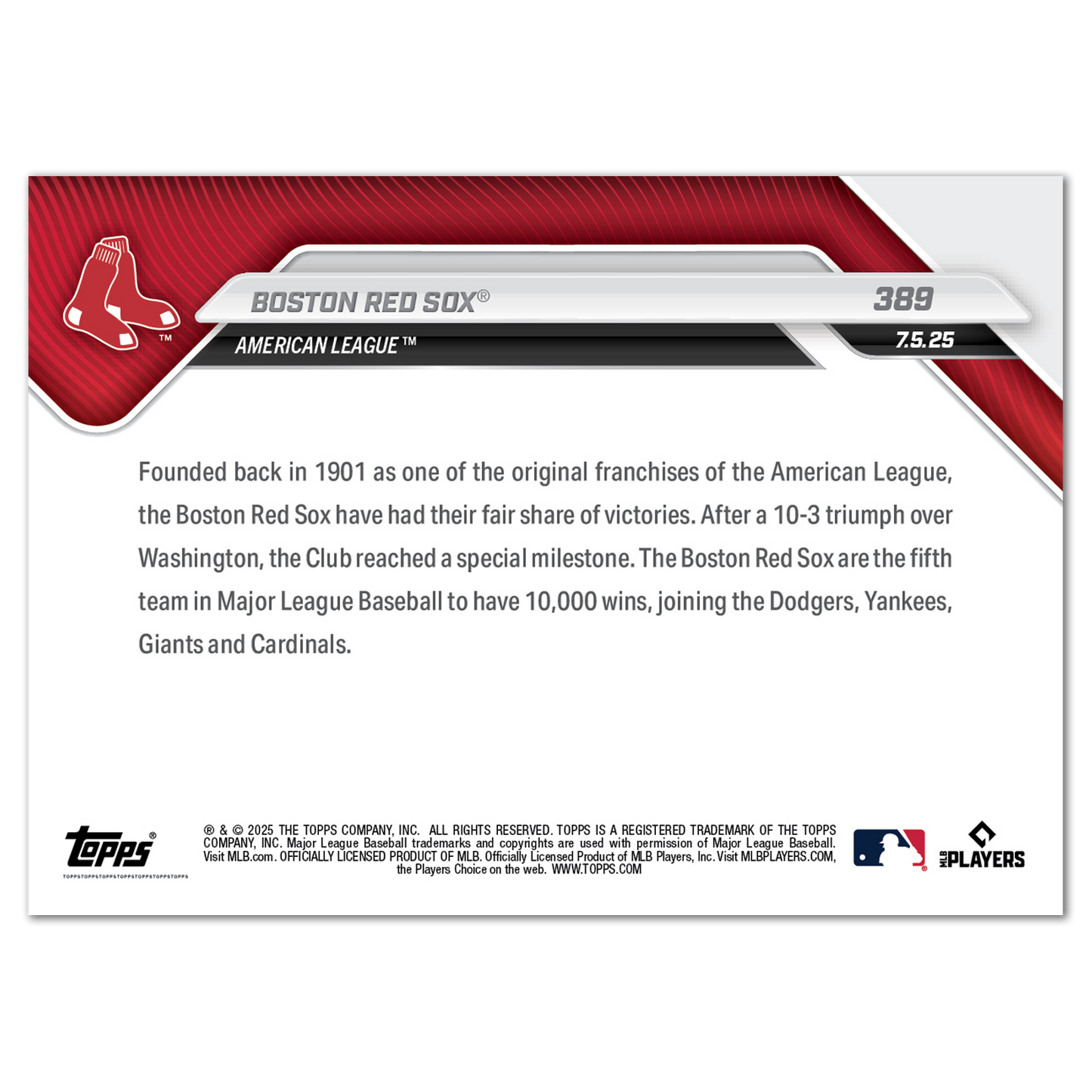 Boston Red Sox - 2025 MLB Topps NOW® - Card 389  - PR: 530