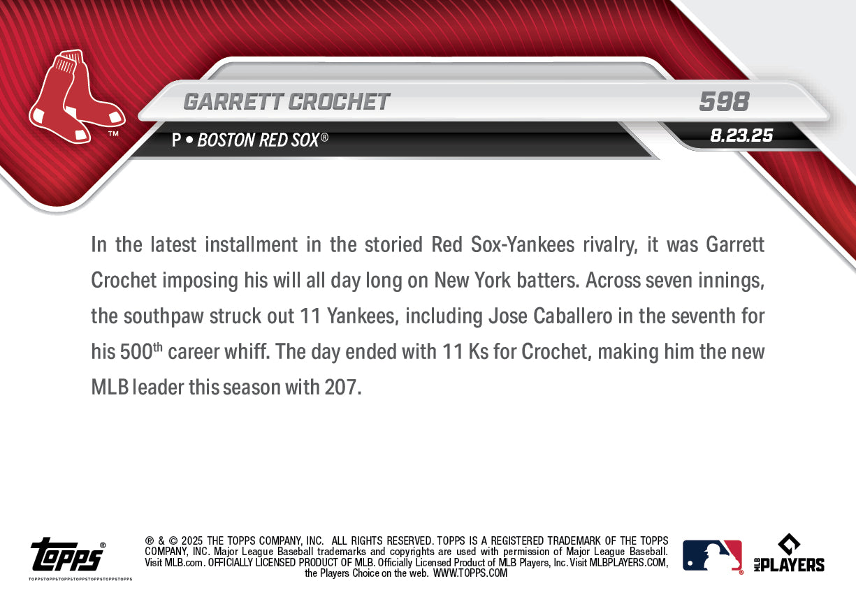 Garrett Crochet - 2025 MLB Topps NOW® - Card 598 - PR: 628