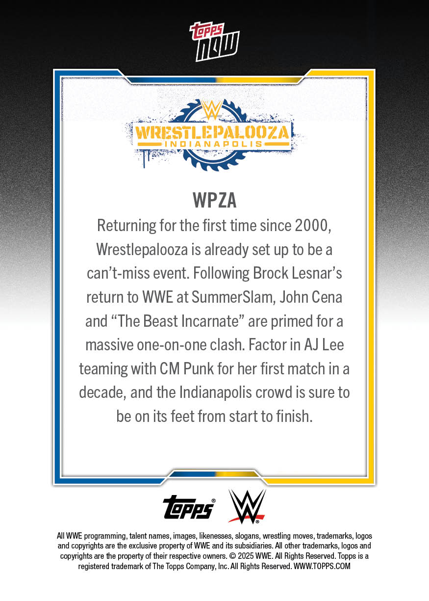 John Cena/Brock Lesnar - 2025 WWE Topps NOW® - Card WPZA - PR: 1584