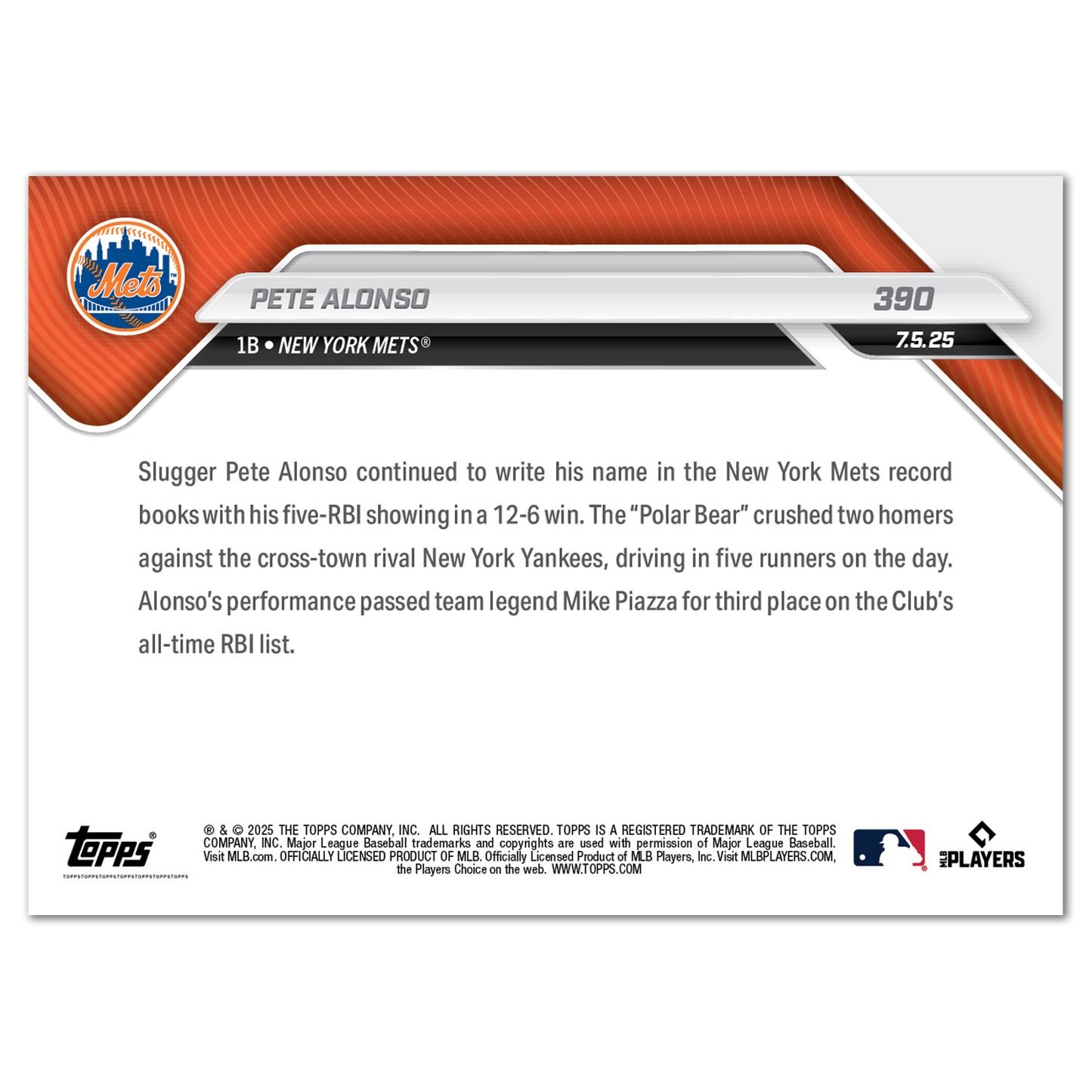 Pete Alonso - 2025 MLB Topps NOW® - Card 390  - PR: 891