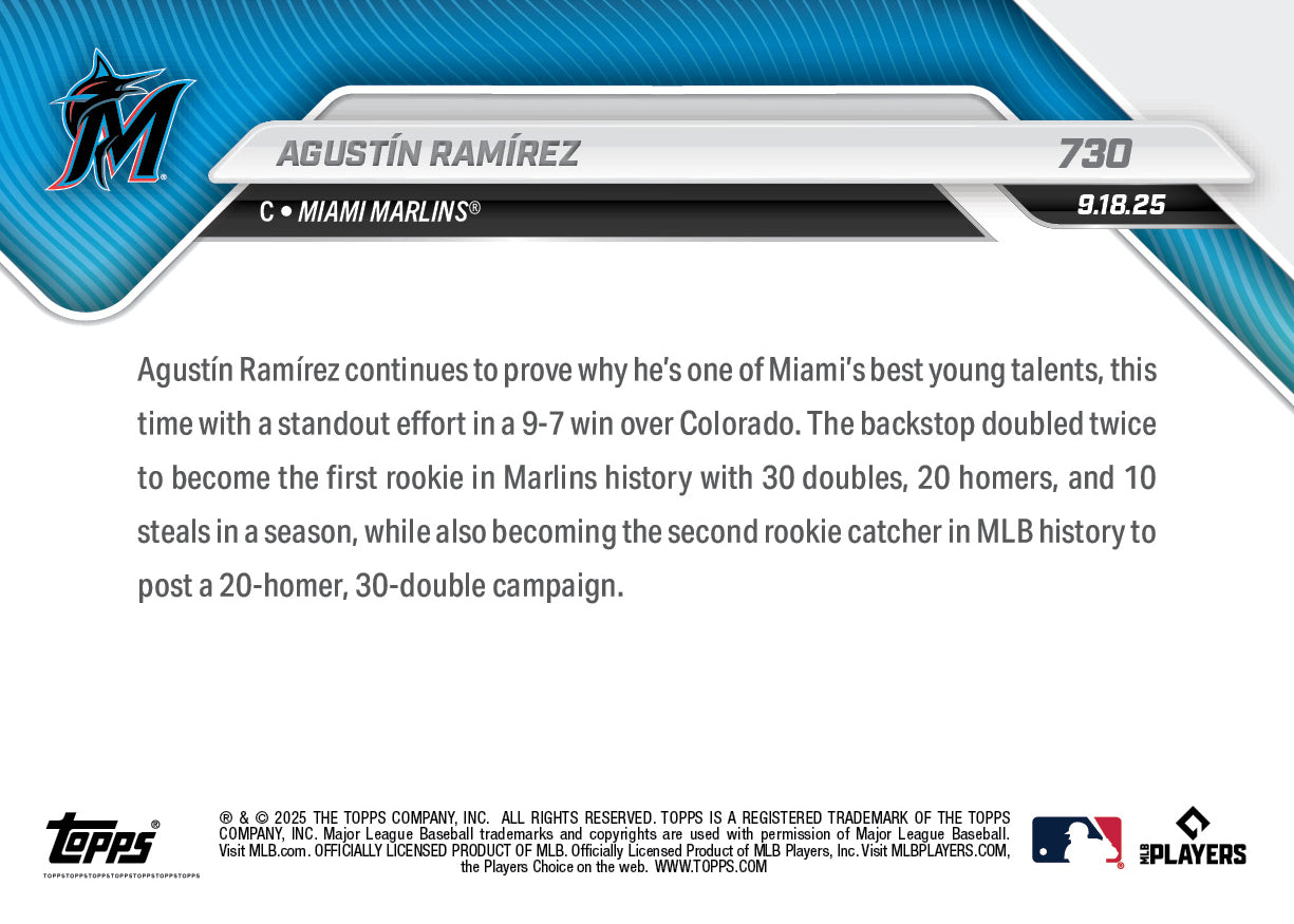 Agustín Ramírez - 2025 MLB Topps NOW® - Card 730 - PR: 599