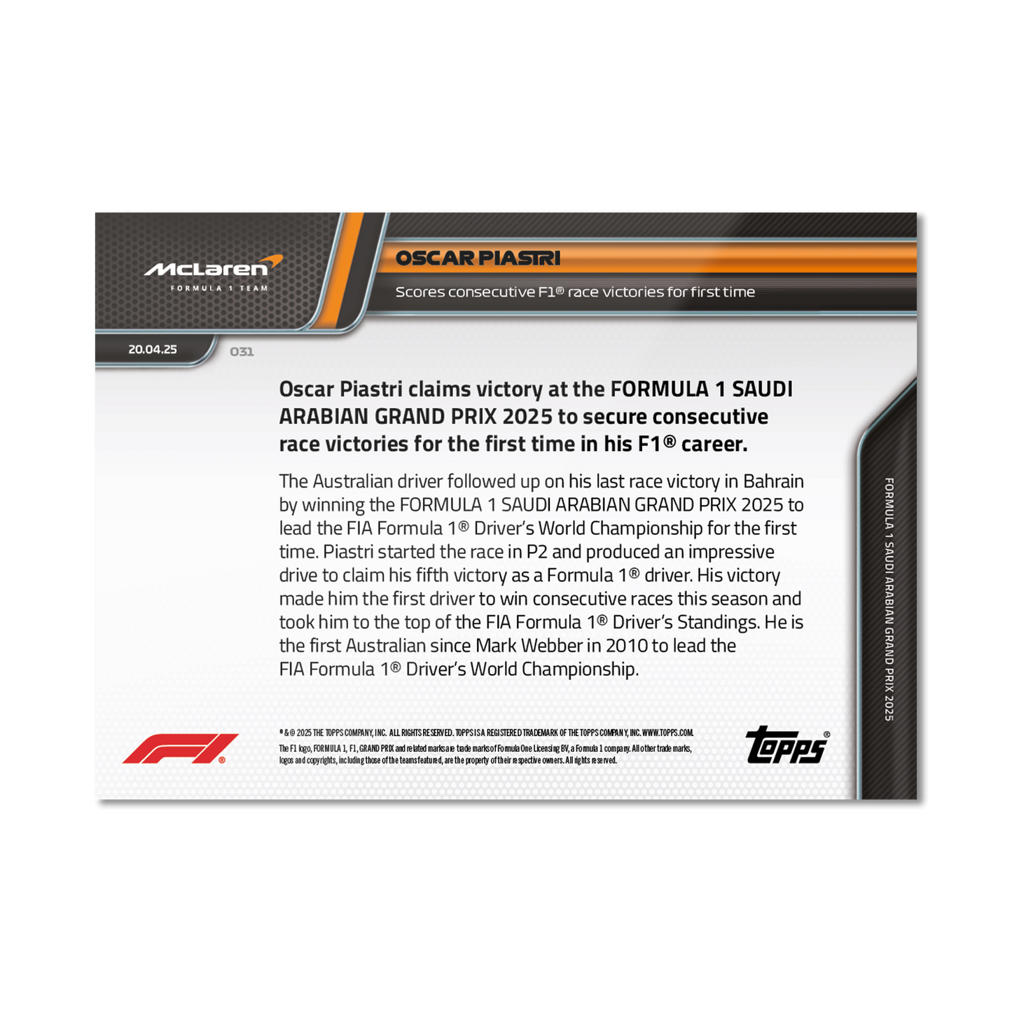 Oscar Piastri - 2025 Formula 1® Topps NOW® - Card 31 - PR: 2723