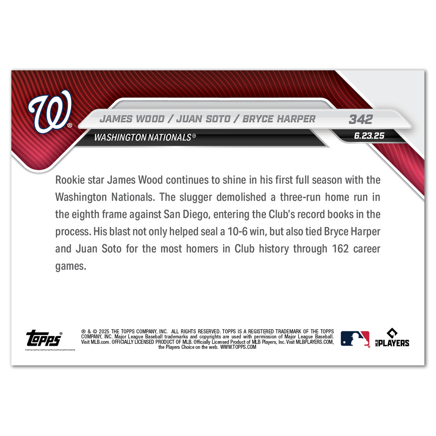 James Wood / Juan Soto / Bryce Harper - 2025 MLB Topps NOW® - Card 342 - PR: 1306