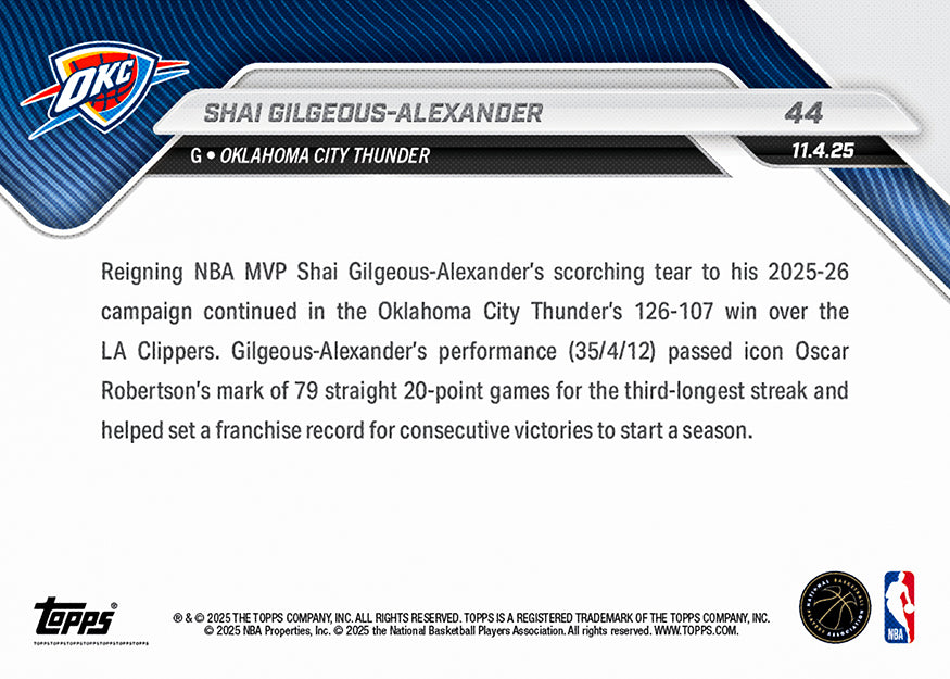 Shai Gilgeous-Alexander - 2025-26 NBA Topps NOW® - Card 44