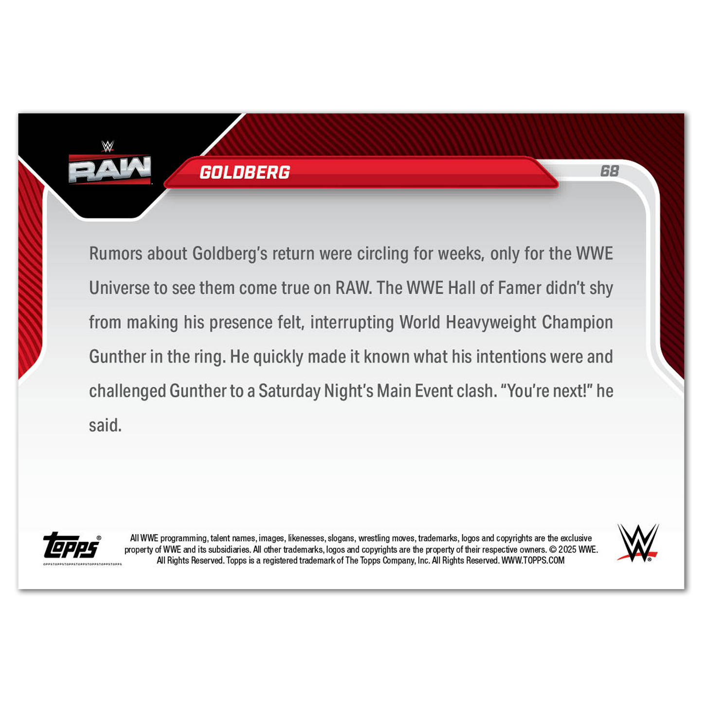 Goldberg - 2025 WWE Topps NOW® - Card 68 - PR: 1019