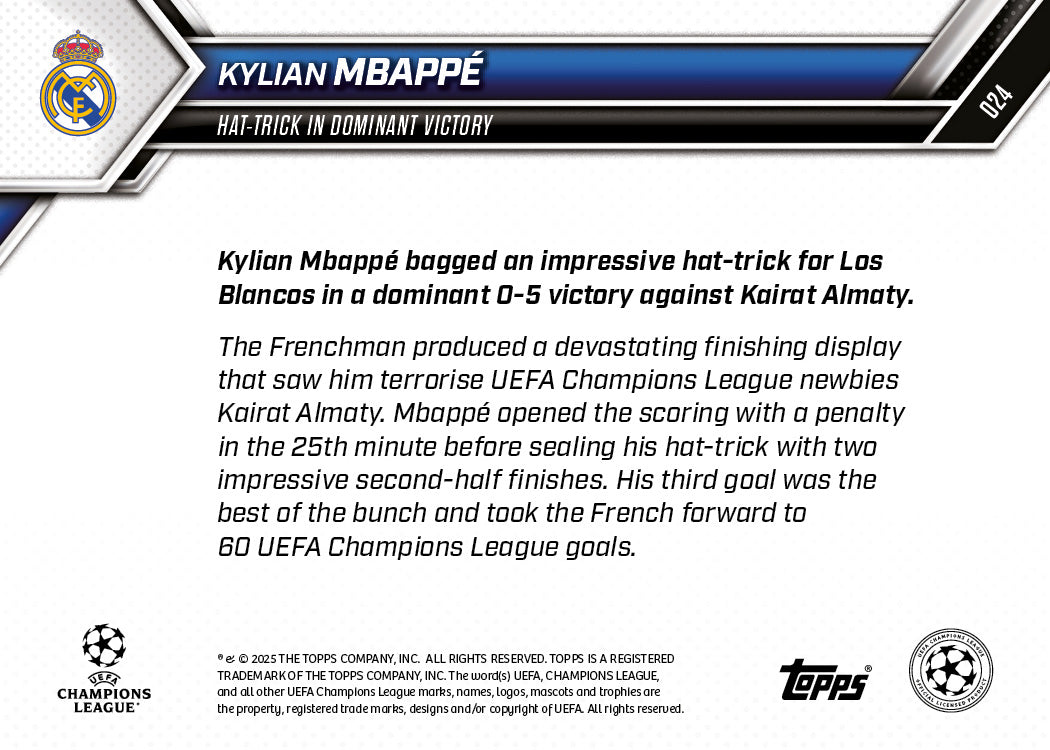 Kylian Mbappé - 2025-26 UCL Topps NOW® - Card 24 - PR: 1143