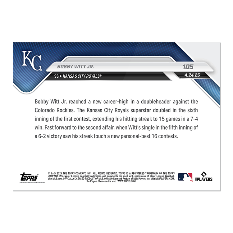 Bobby Witt Jr. - 2025 MLB Topps NOW® - Card 105 - PR: 1656