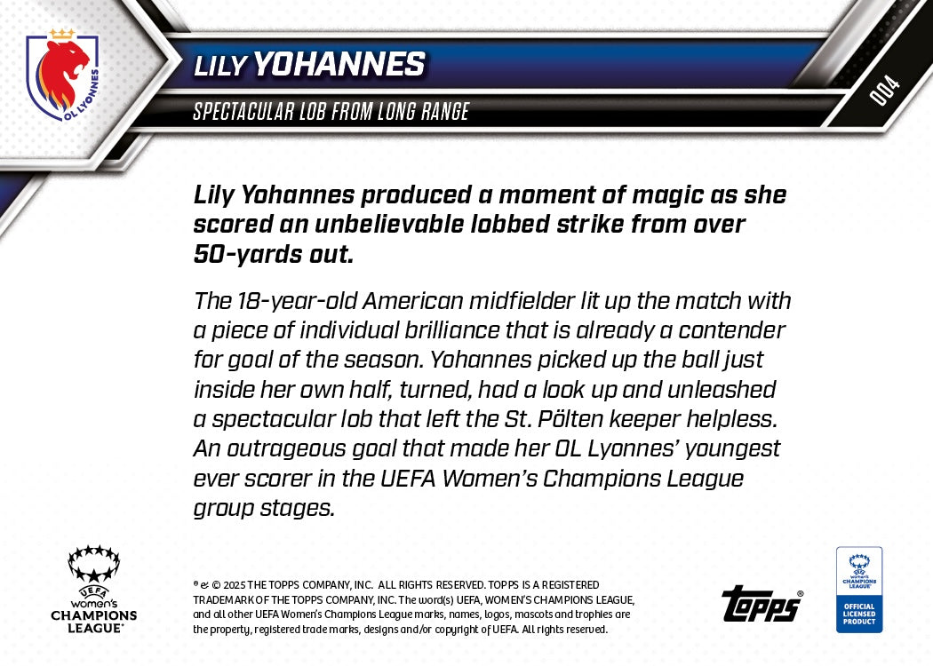 Lily Yohannes - 2025-26 UWCL Topps NOW® - Card 4 - PR: 365