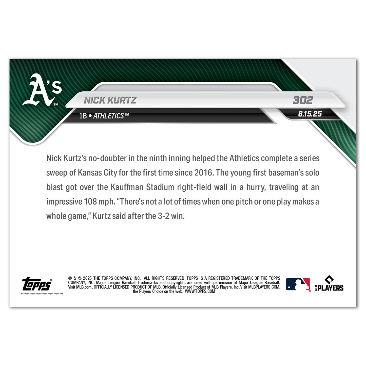Nick Kurtz - 2025 MLB Topps NOW® - Card 302 - PR: 725