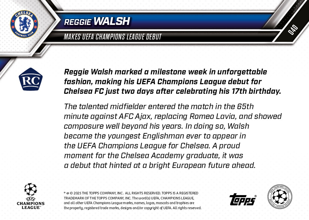 Reggie Walsh - 2025-26 UCL Topps NOW® - Card 40 - PR: 850