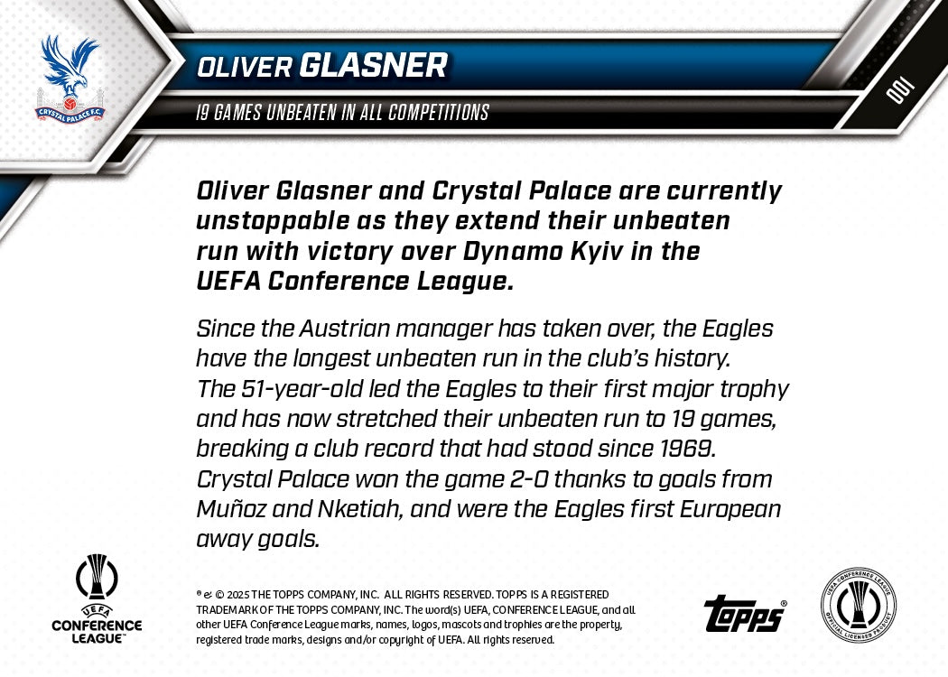 Oliver Glasner - 2025-26 UECL Topps NOW® - Card 1 - PR: 224