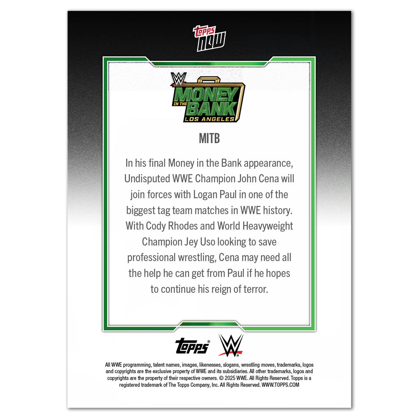 John Cena - 2025 WWE Topps NOW® - Card MITB  - PR: 2081