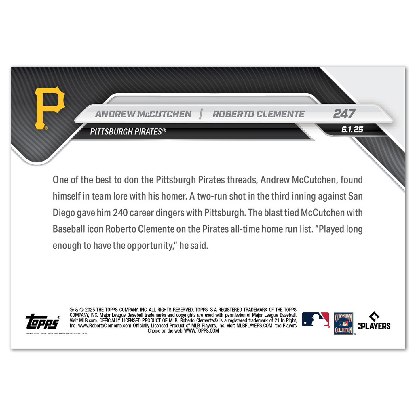 Andrew McCutchen / Roberto Clemente - 2025 MLB Topps NOW® - Card 247 - PR: 1667