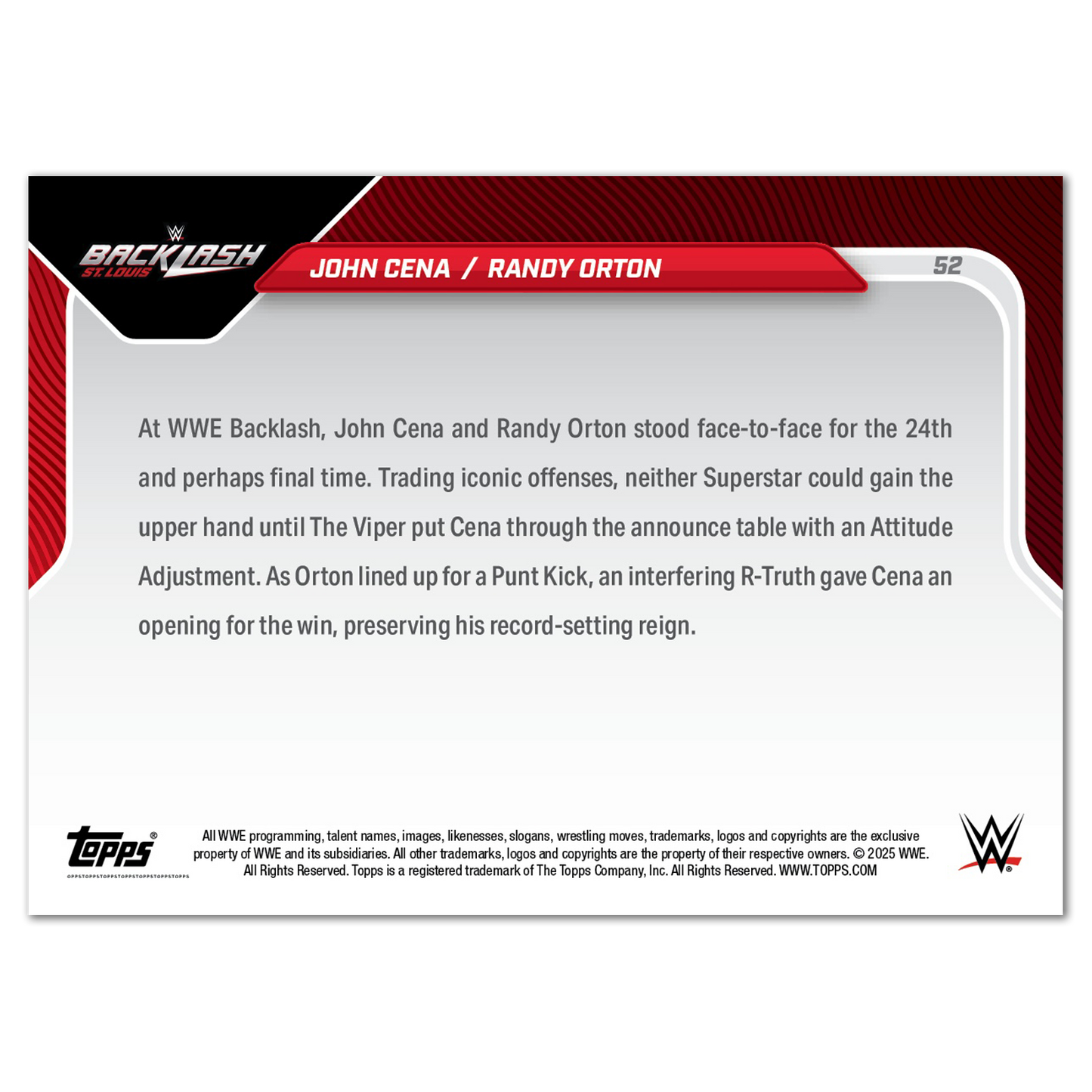 John Cena/Randy Orton - 2025 WWE Topps NOW® - Card 52 - PR: 1744