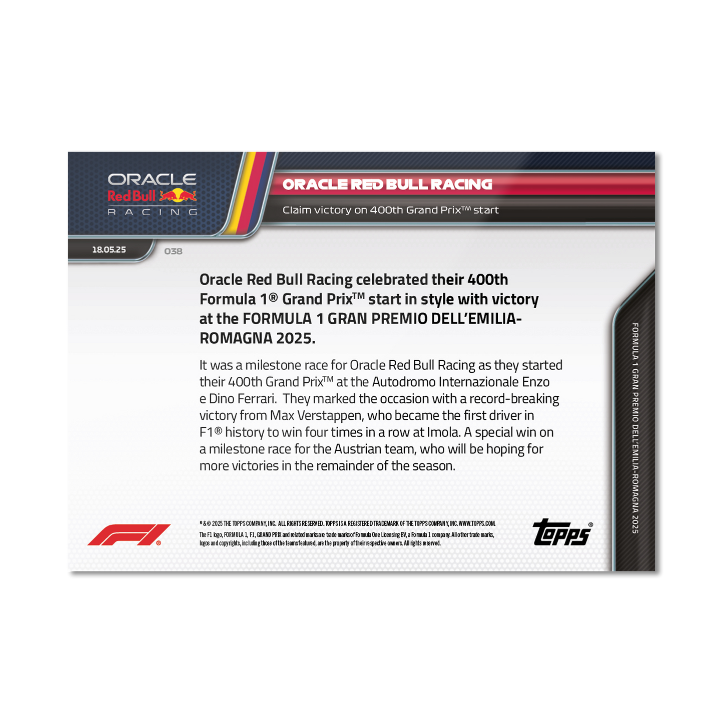 Oracle Red Bull Racing - 2025 Formula 1® Topps NOW® - Card 38 - PR: 1070