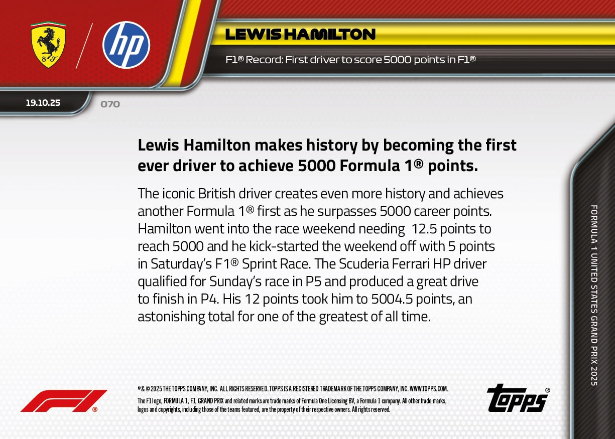 Lewis Hamilton - 2025 Formula 1® Topps NOW® - Card 70 - PR: 7103