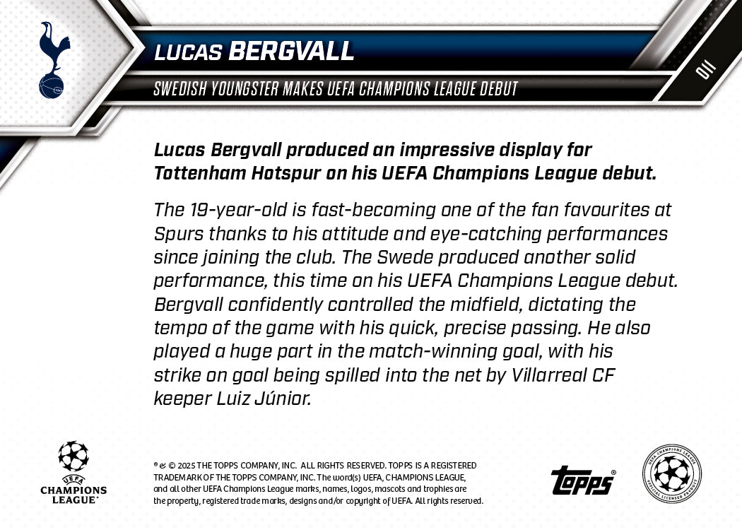 Lucas Bergvall - 2025-26 UCL Topps NOW® Card 11 - PR: 528