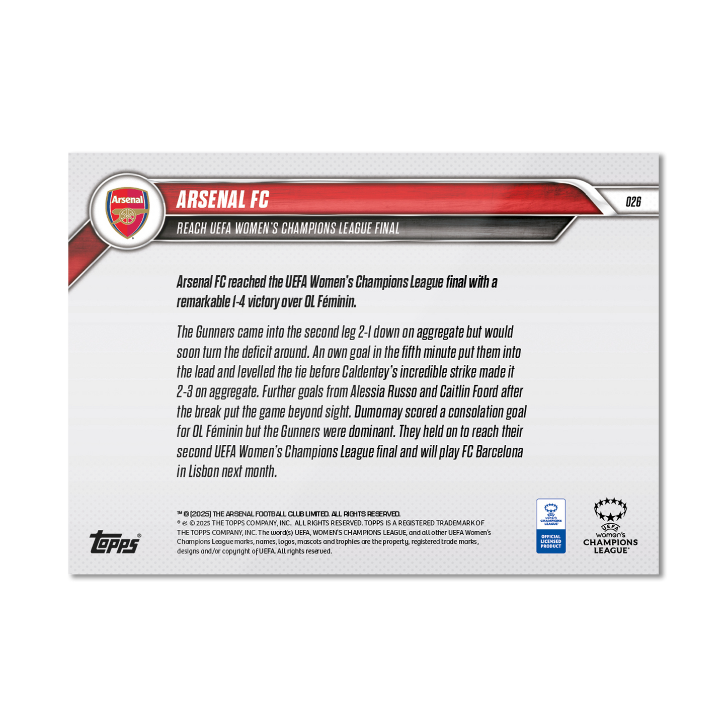 Arsenal FC - 2024-25 UWCL Topps NOW® - Card 26 - PR: 313